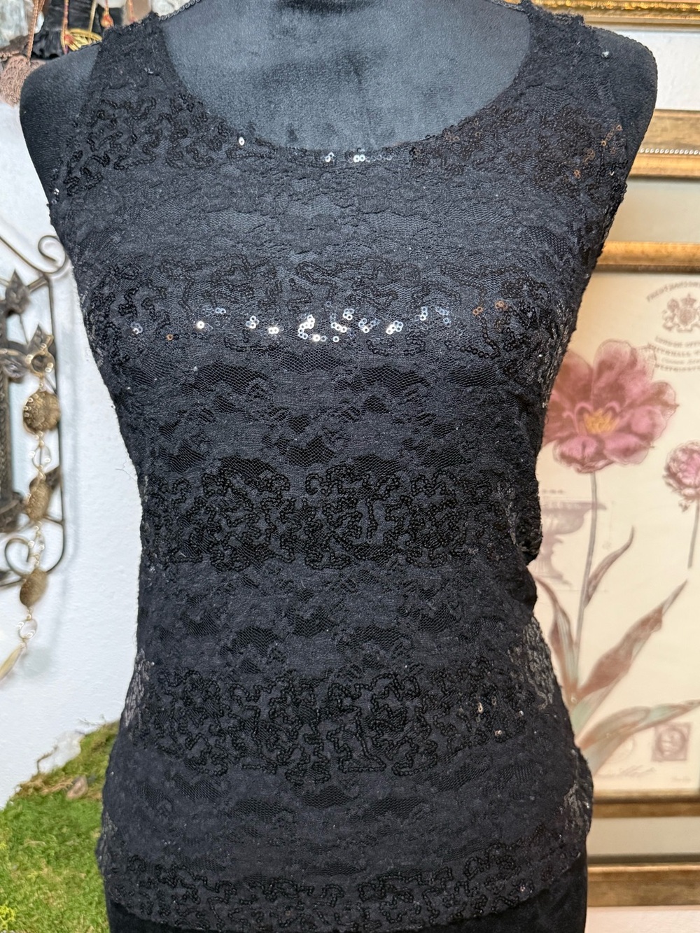 Vanity Black Lace Sequin Tank Top Sheer Layered Party Sparkle •Size S•